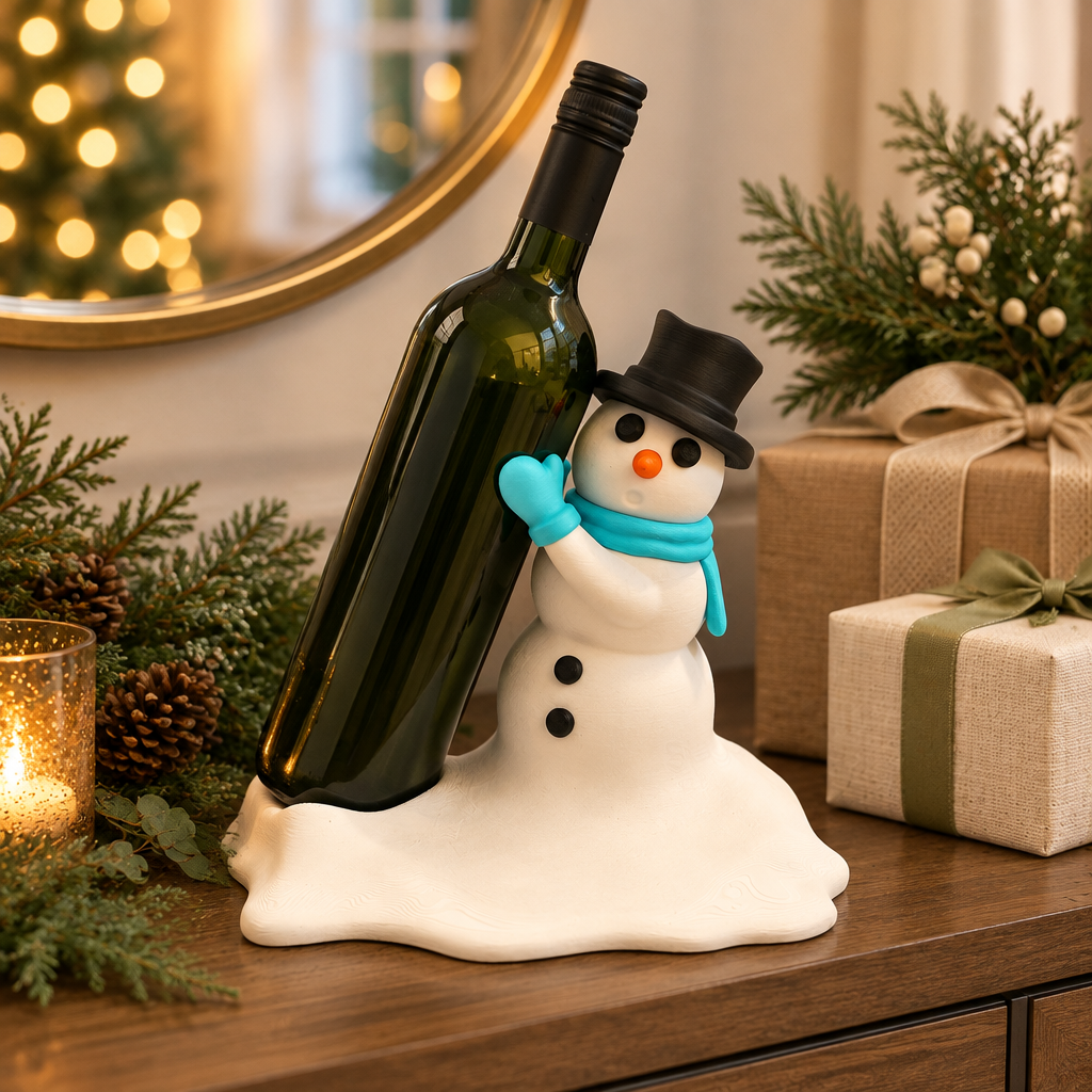 Snowman bottle holder with a plain bottle beside wrapped gifts and greenery