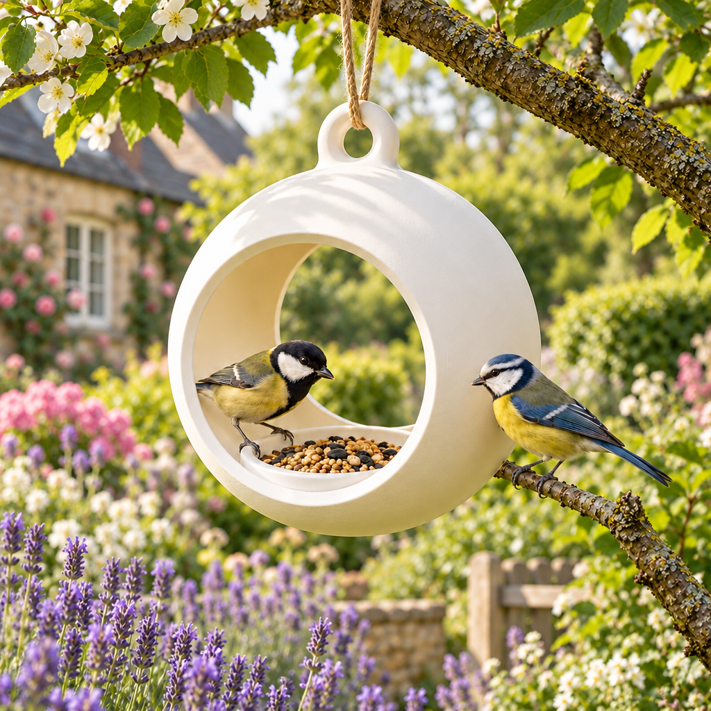 Round hanging feeder in a lavender cottage garden