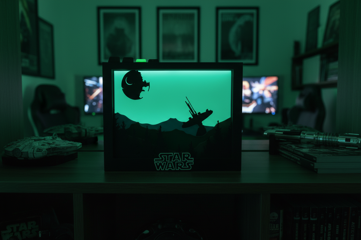 Star Wars Endor Shadow Box on a dark wooden shelf in a moody gaming room with cool green-tinted cinematic lighting