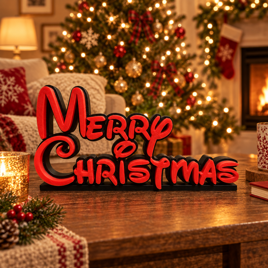 Red Merry Christmas lettering on a black sign displayed on a coffee table