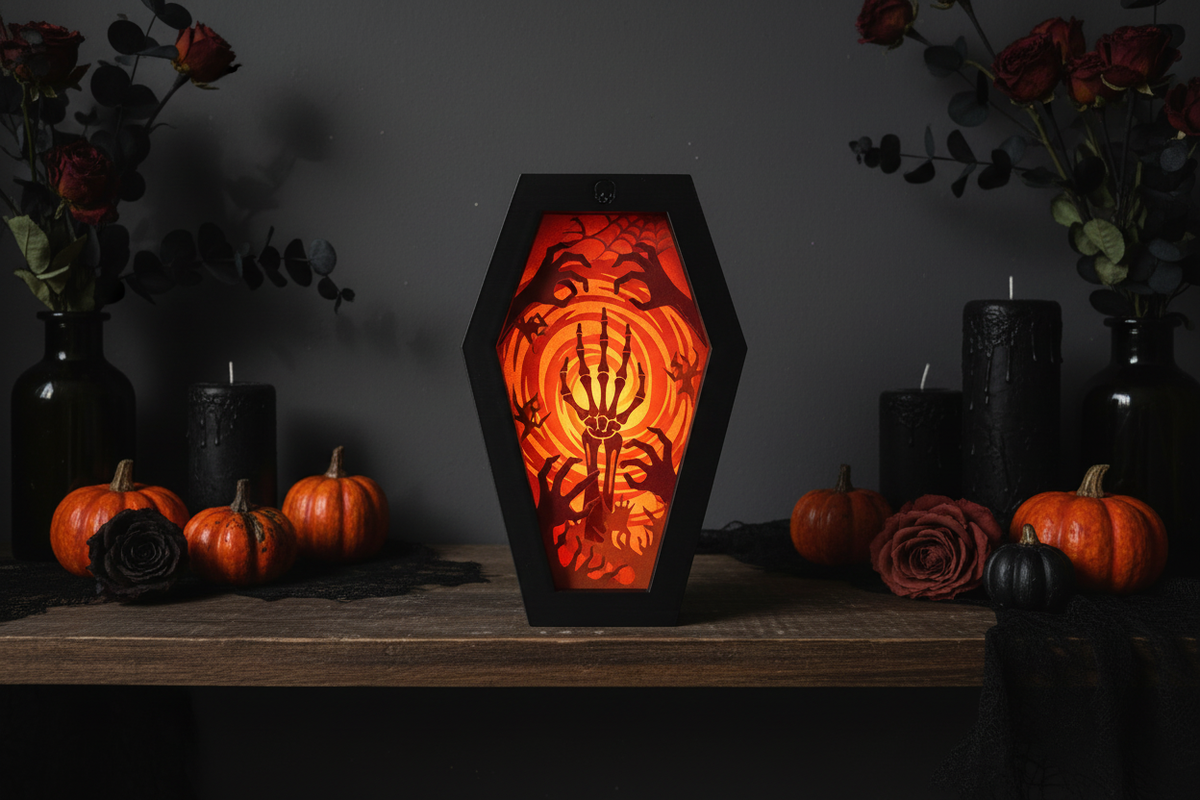 Halloween Coffin Shadow Box - Skeleton design on spooky shelf with mini pumpkins and black candles