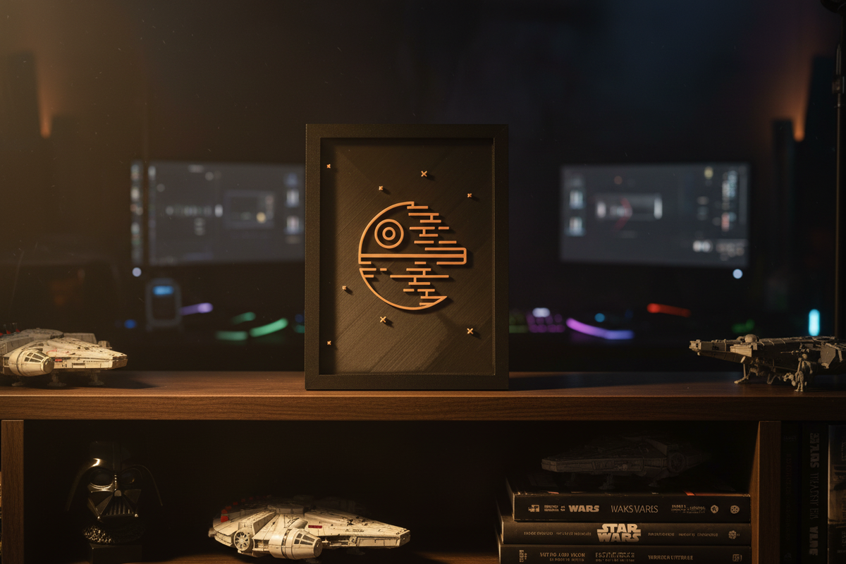 Death Star Neon Line Art shadow box on a dark wooden shelf in a moody cinematic gaming room with copper gold finish and star markers
