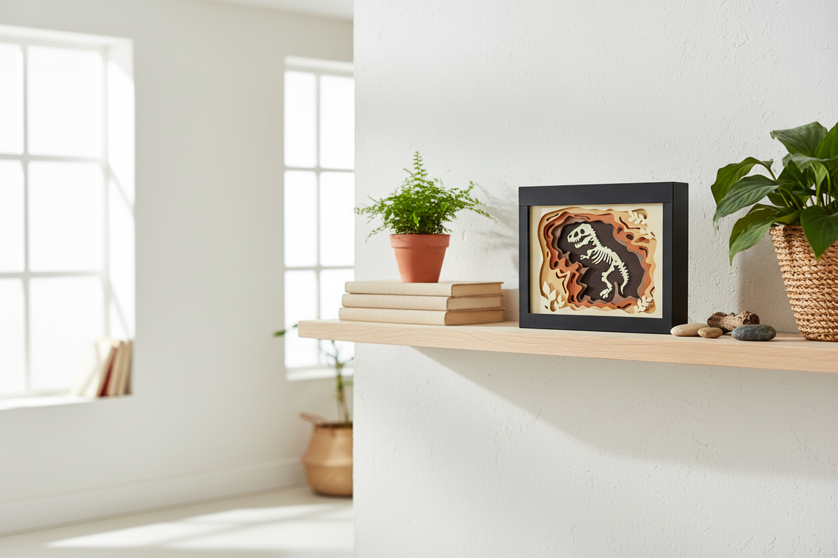 Dinosaur shadow box on a wooden shelf in a modern living room with plants and natural decor