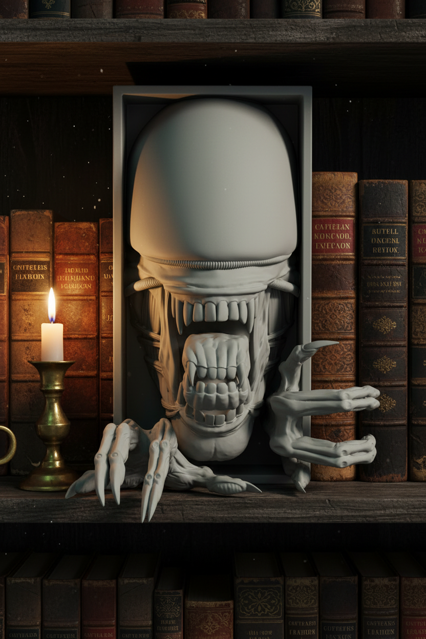 Alien Xenomorph book nook relief sculpture grey framed box dark gothic library shelf antique hardcover books single candle raking side light long shadows xenomorph face eerie atmospheric science fiction horror portrait