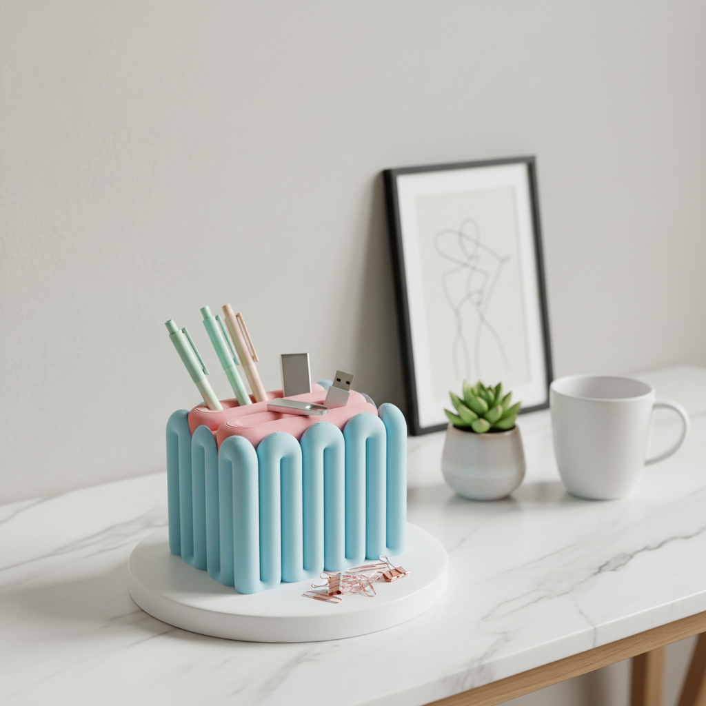 Blue wibble open storage box on marble desk with stationery succulent and ceramic mug home office lifestyle