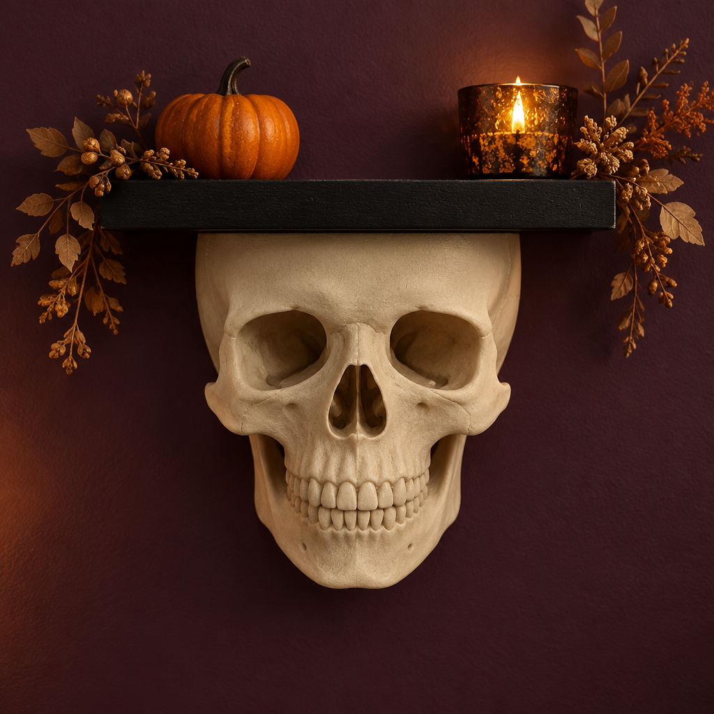 Front-facing Skull Shelf in a tasteful Halloween display
