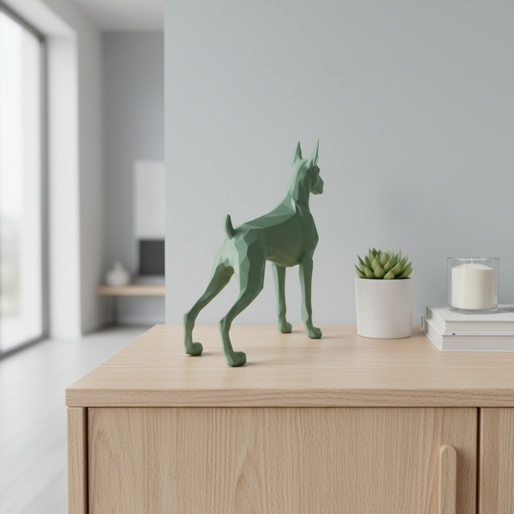 Sage green Low Poly Great Dane Sculpture on a Scandinavian sideboard with a plant and candle