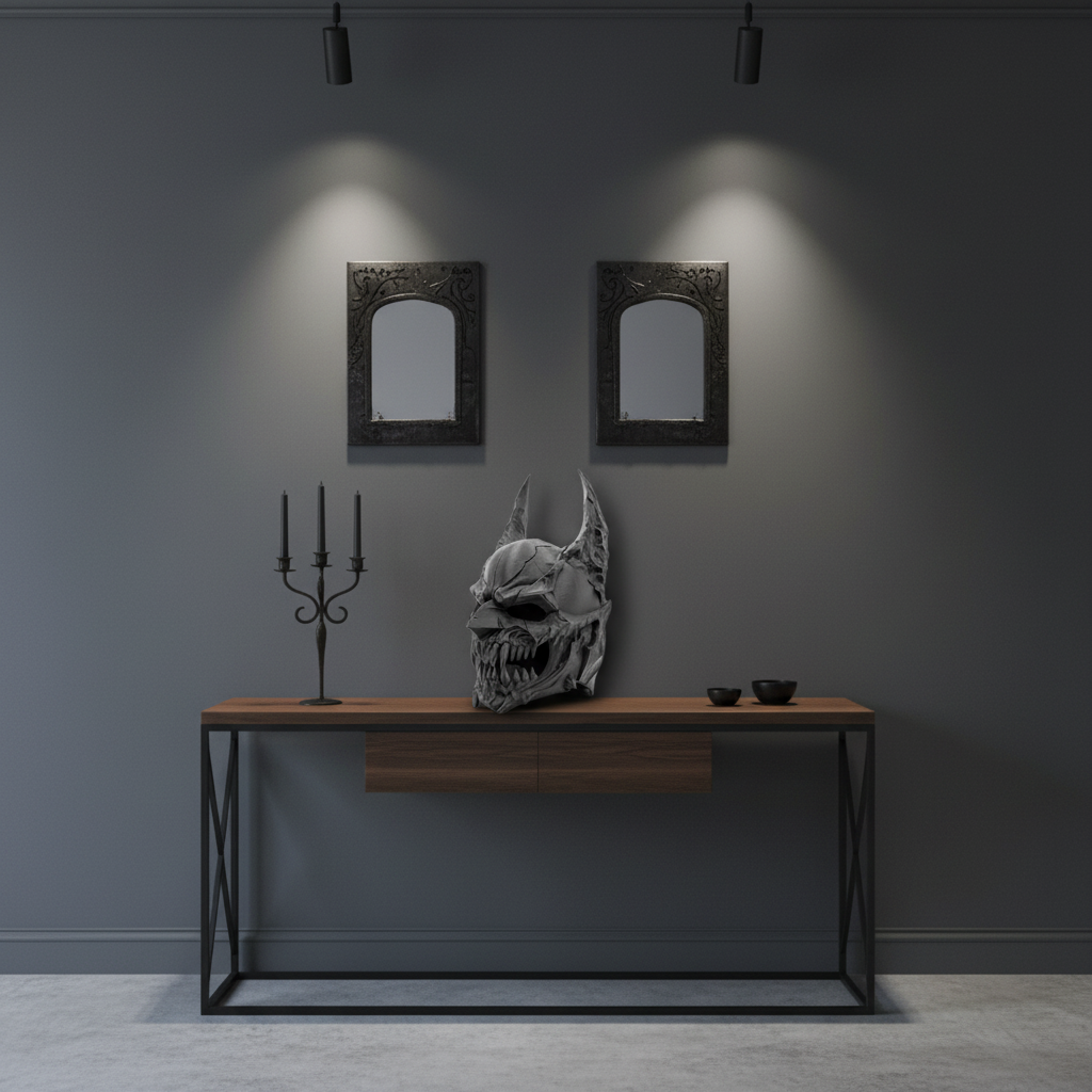Deep charcoal Demon Skull Helmet Sculpture displayed on a modern hallway console