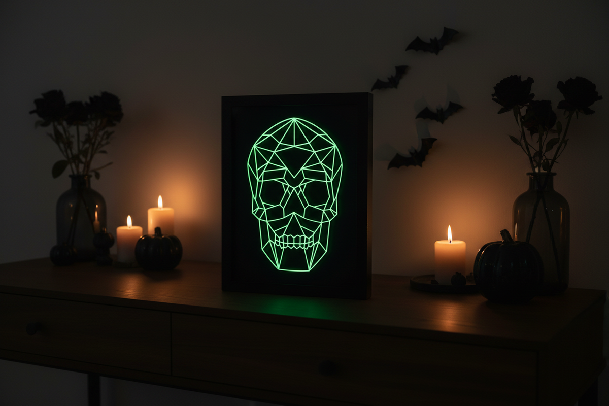 Geometric Glow-in-the-Dark Skull shadow box on a dark moody desk with Halloween decorations and neon green glow