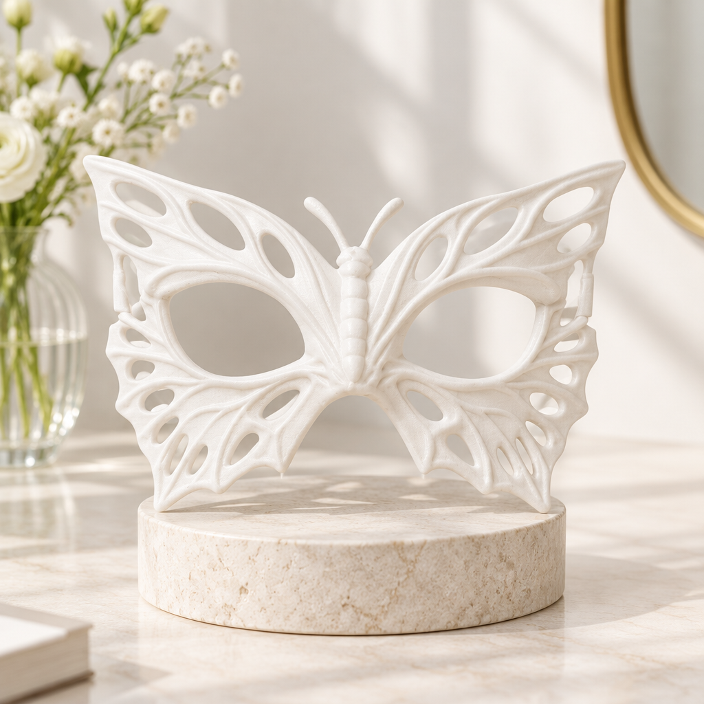 White Butterfly Mask displayed on a pale stone stand in a bright room.