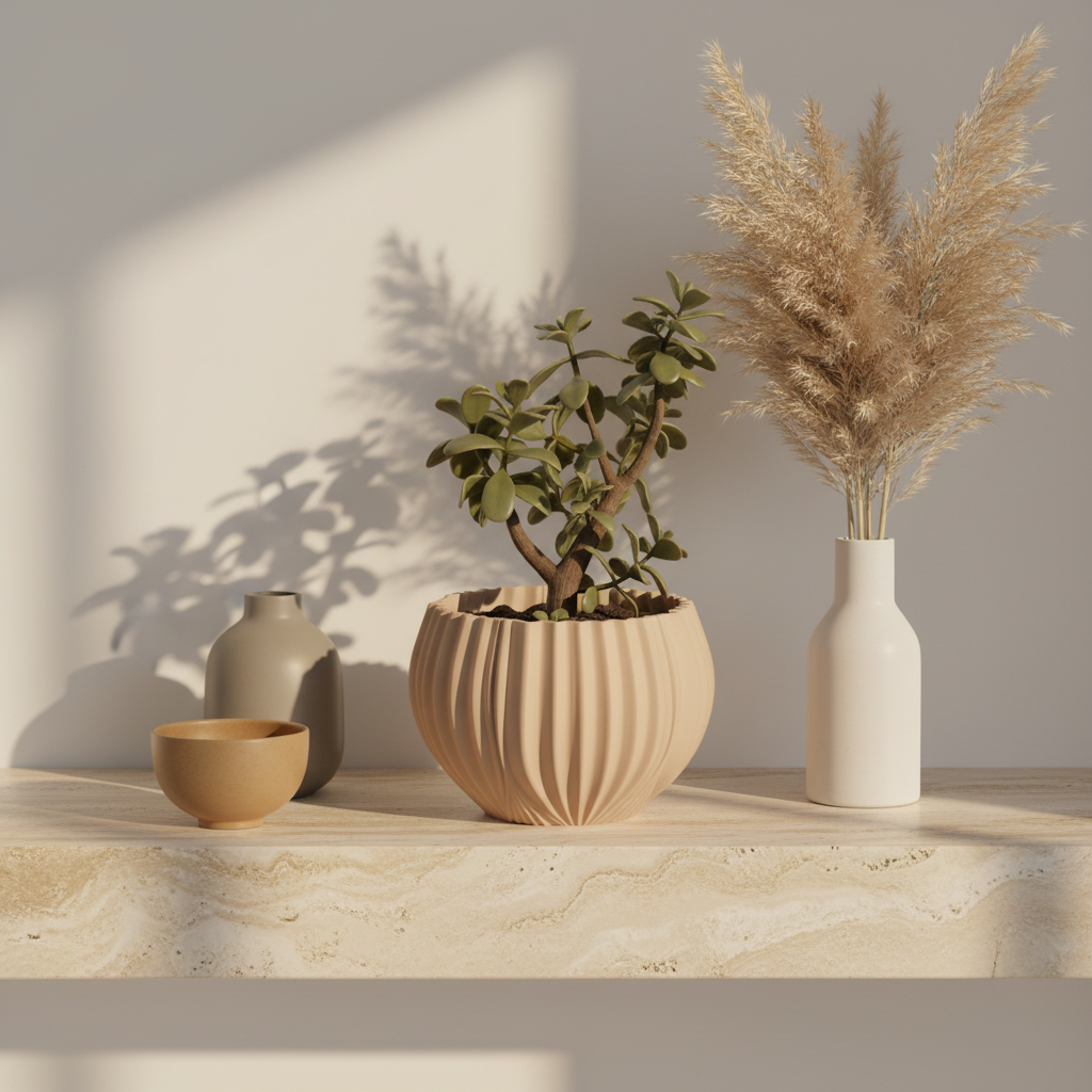 Beige ripple planter on travertine shelf - lifestyle