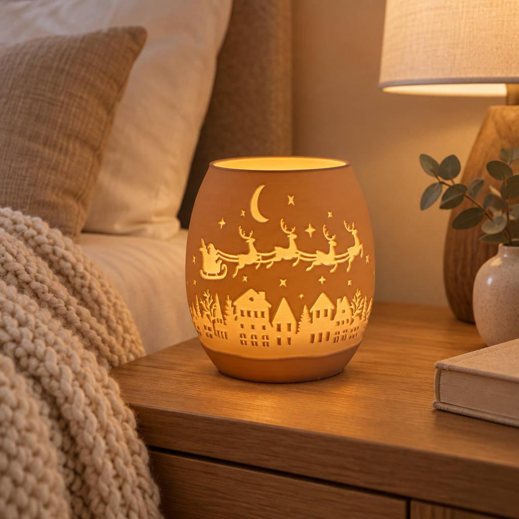 Amber Christmas tealight holder on a bedside table beside a cream knit throw