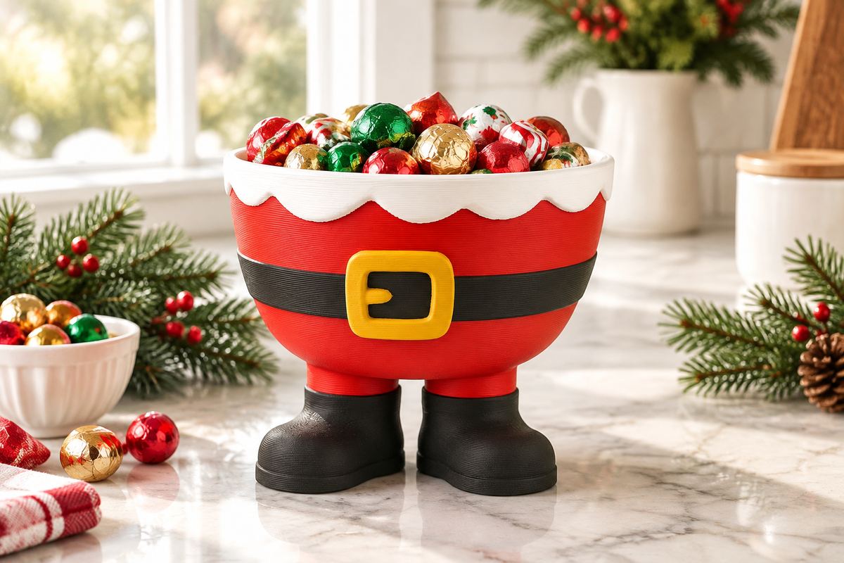 Santa legs sweet bowl on a bright kitchen counter with wrapped treats