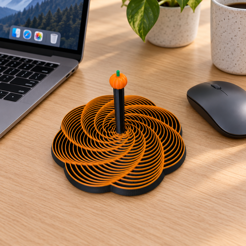 Halloween pumpkin spiral fidget beside a laptop in a tidy workspace