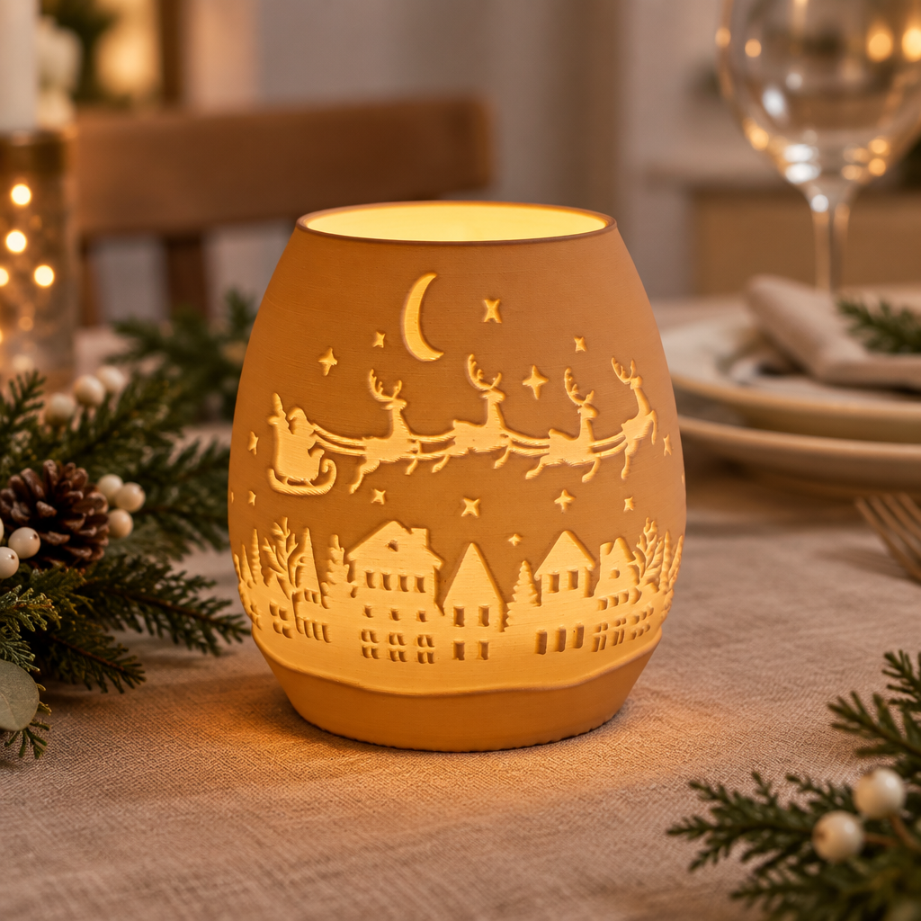 Santa sleigh Christmas tealight holder as a winter dining table centerpiece