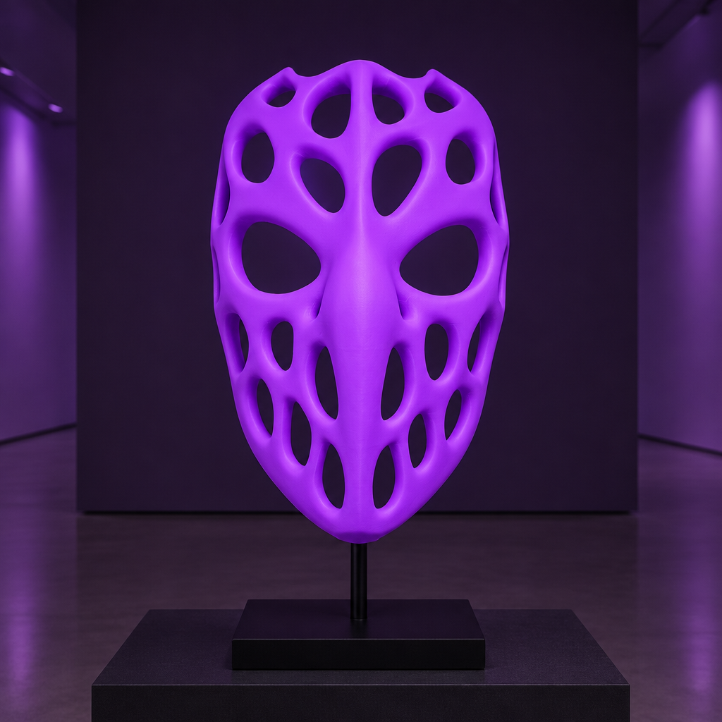 Neon purple Voronoi Mask displayed on a gallery stand without a strap