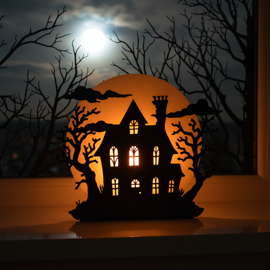 Haunted house decoration glowing on windowsill at night with full moon outside Halloween lifestyle