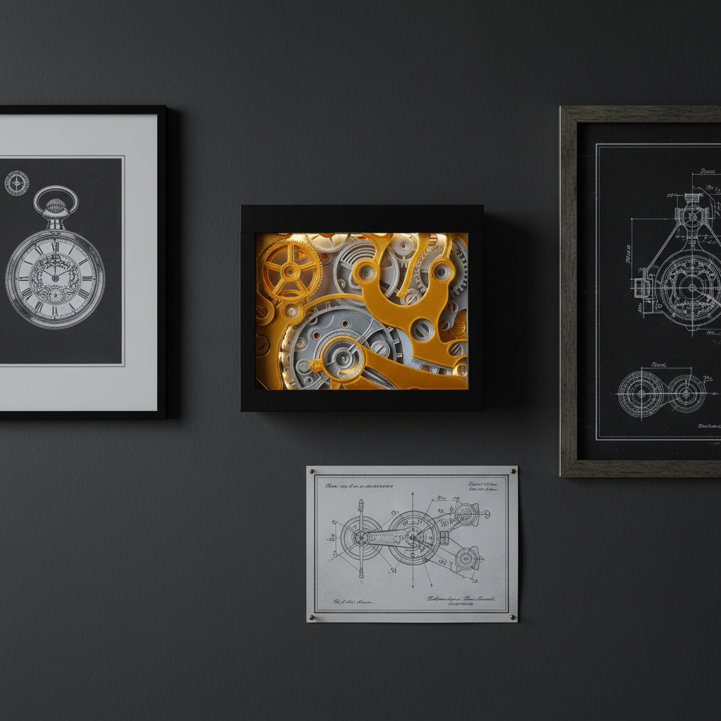 Clockwork Shadow Box displayed on a dark gallery wall alongside vintage watch prints and engineering blueprints