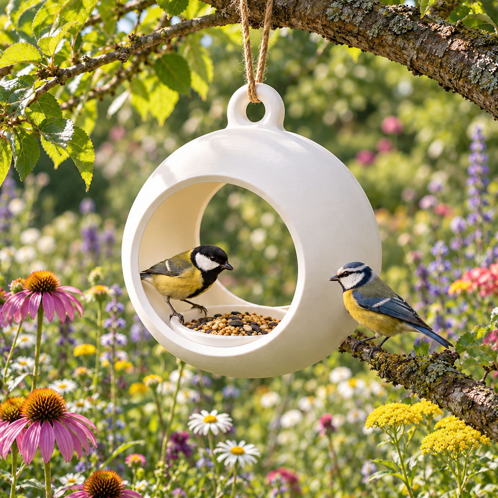Sphere feeder near summer wildflowers