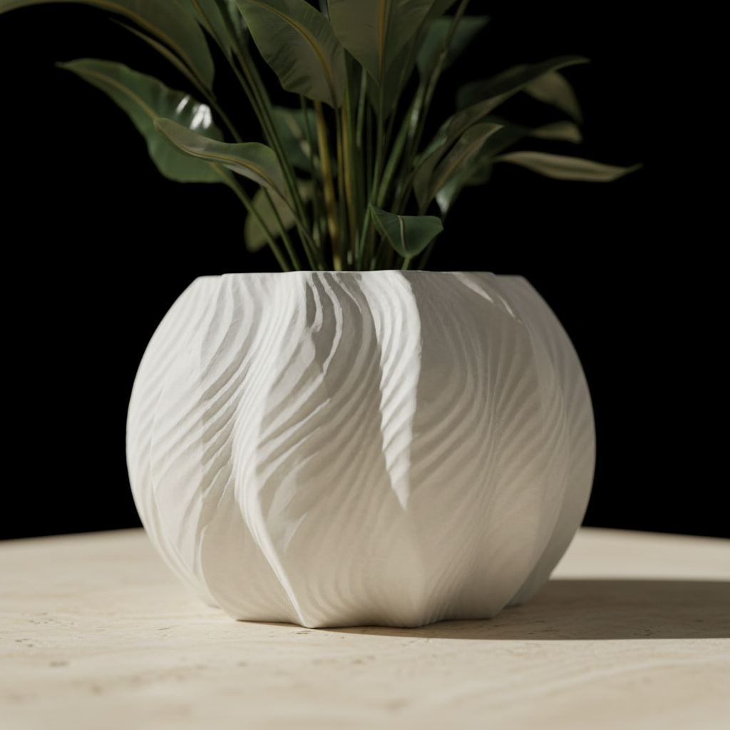 Modern Wave-Pattern Planter chalk white matte globe pumpkin-ribbed swirling wave panels macro close up pale travertine black studio background soft directional raking light every wave rib globe silhouette precise sculptural shadow detail square editorial