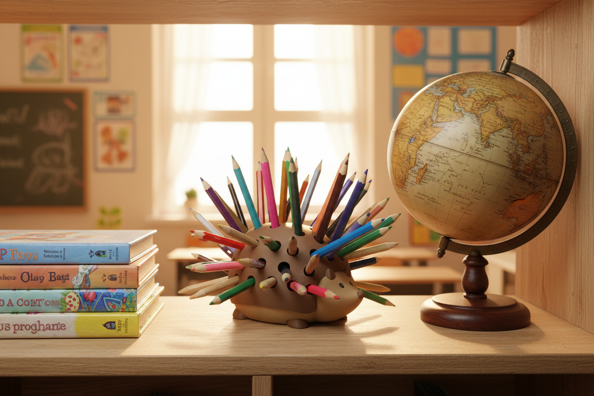 Pencil Hedgehog on a classroom shelf next to books and a globe