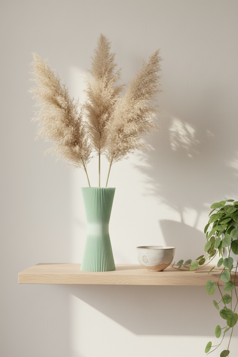 Ripple Twist Vase soft sage green tight vertical ribbed ripple hourglass profile dried pampas grass stems pale oak shelf ceramic bowl trailing plant Japandi minimal interior morning light portrait