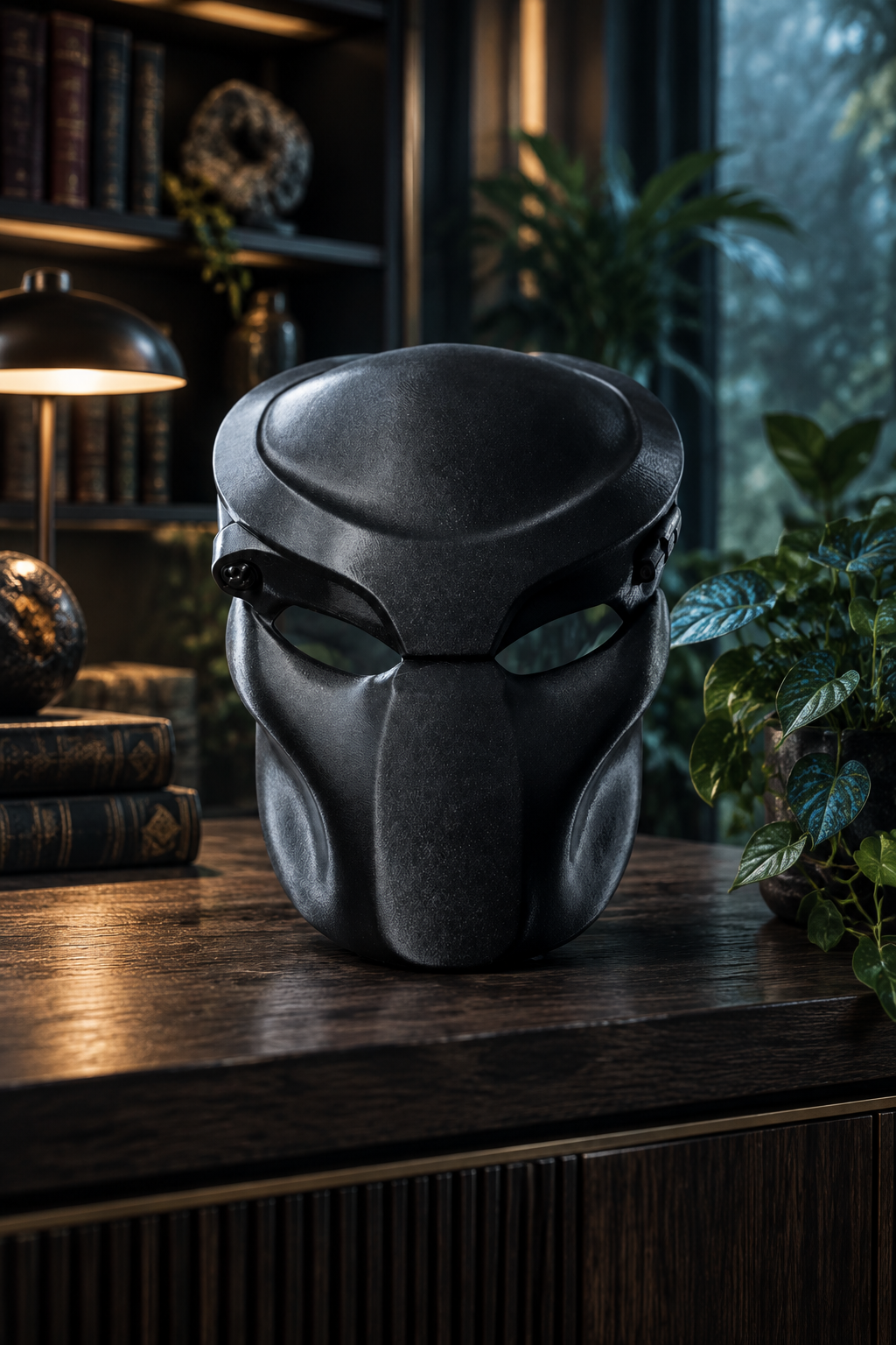 Black Predator Mask displayed on a dark console in a cinematic sci-fi study