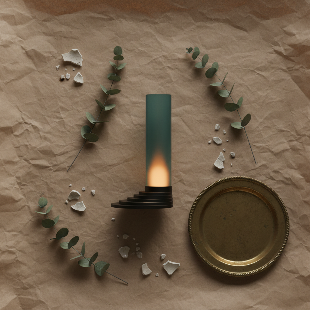 Overhead flatlay of stepped tealight holder on kraft paper with eucalyptus