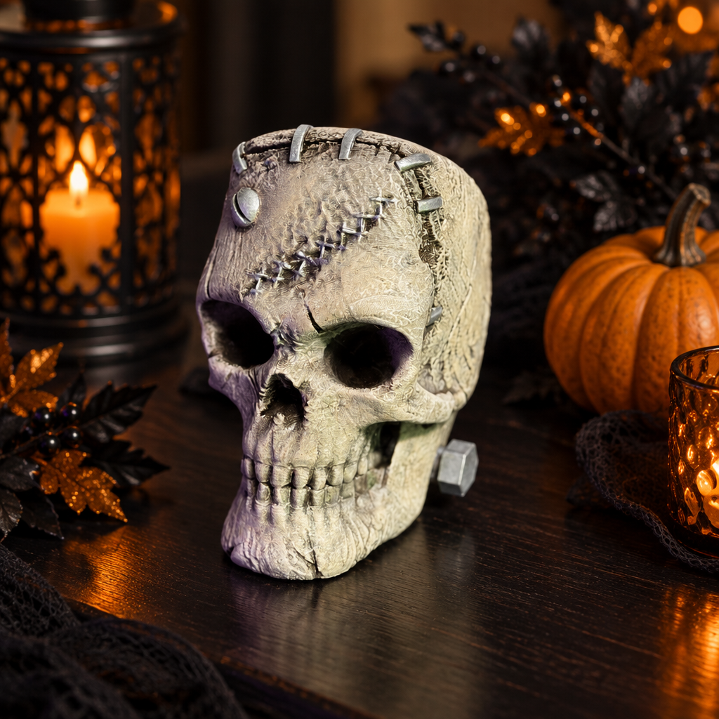 Pale bolted skull on a dark tabletop with subtle Halloween decor