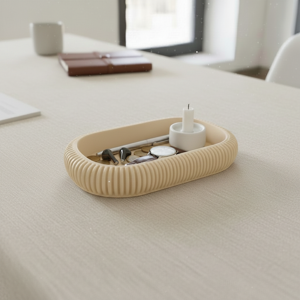 Modern Japandi Tray - Beige colourway on linen desk
