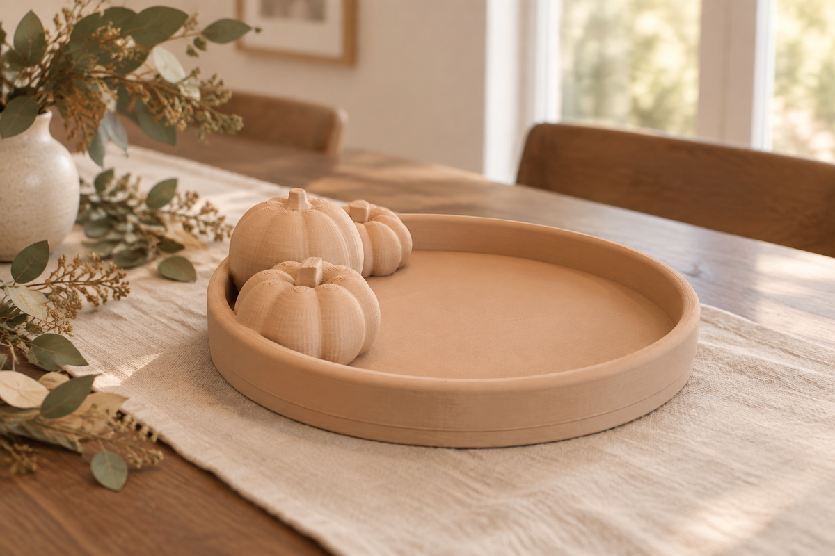 Beige Pumpkin Tray displayed on a dining-room table