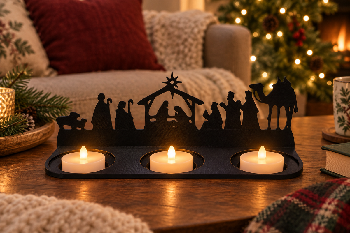 Nativity scene tealight holder on a coffee table in a softly styled Christmas living room.