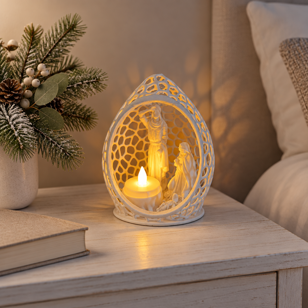 White openwork Nativity tealight holder styled on a bedside table