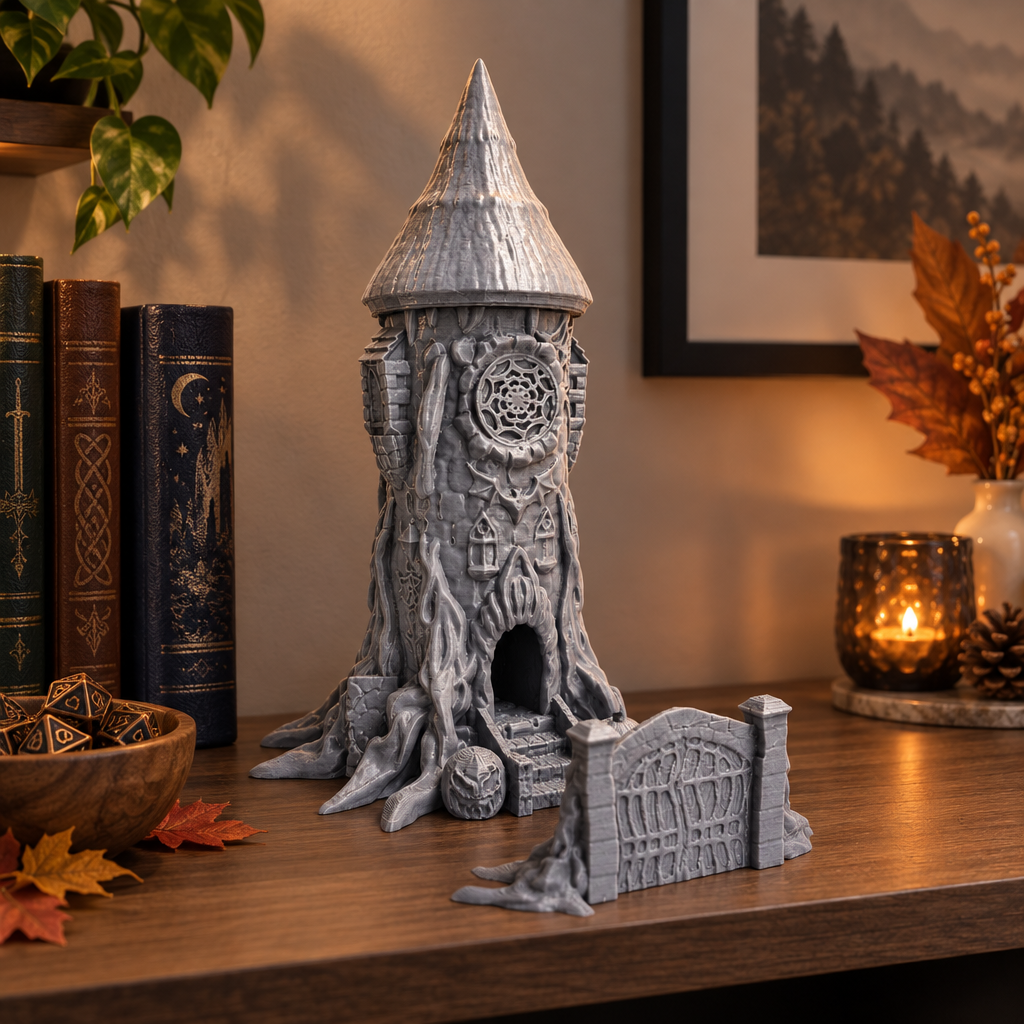 Grey Halloween dice tower and gate displayed on a home gaming shelf