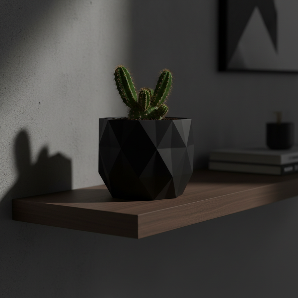 GeoBloom Geometric Planter in matte black — floating shelf with cactus lifestyle