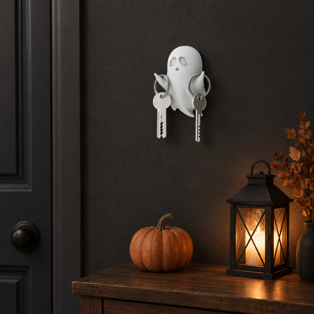 White ghost key holder with keys on a dark wall alongside understated Halloween decor