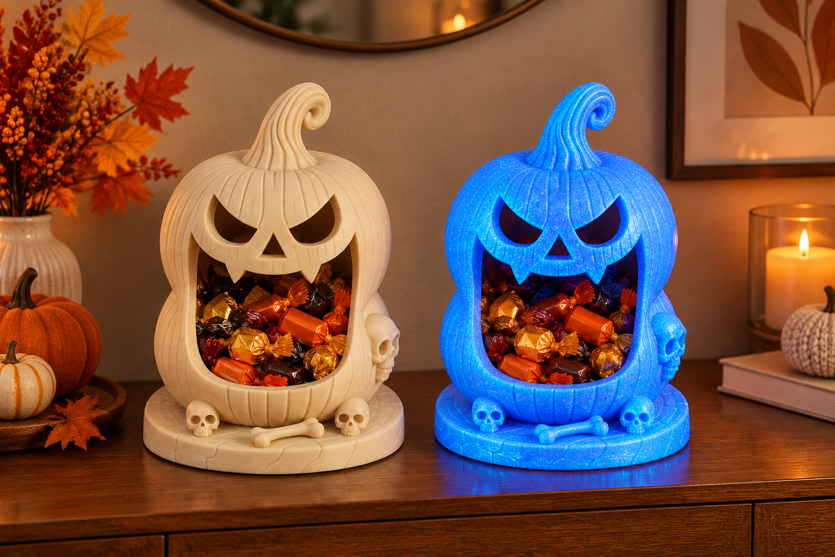 Beige and Neon Glitter Glow Blue jack-o’-lantern sweet holders with sculpted skull-and-bone bases on an autumn console