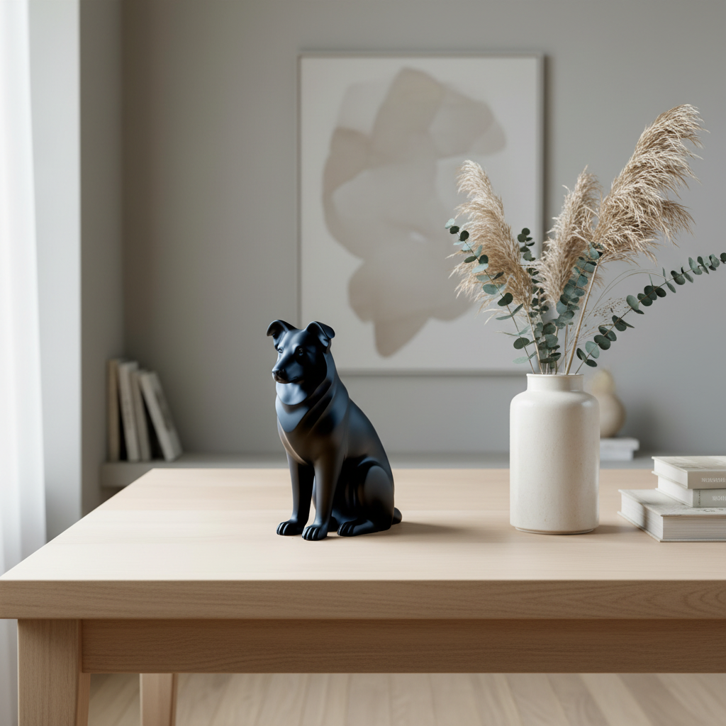 Black Australian Shepherd sculpture on a wooden console table beside a vase of dried stems