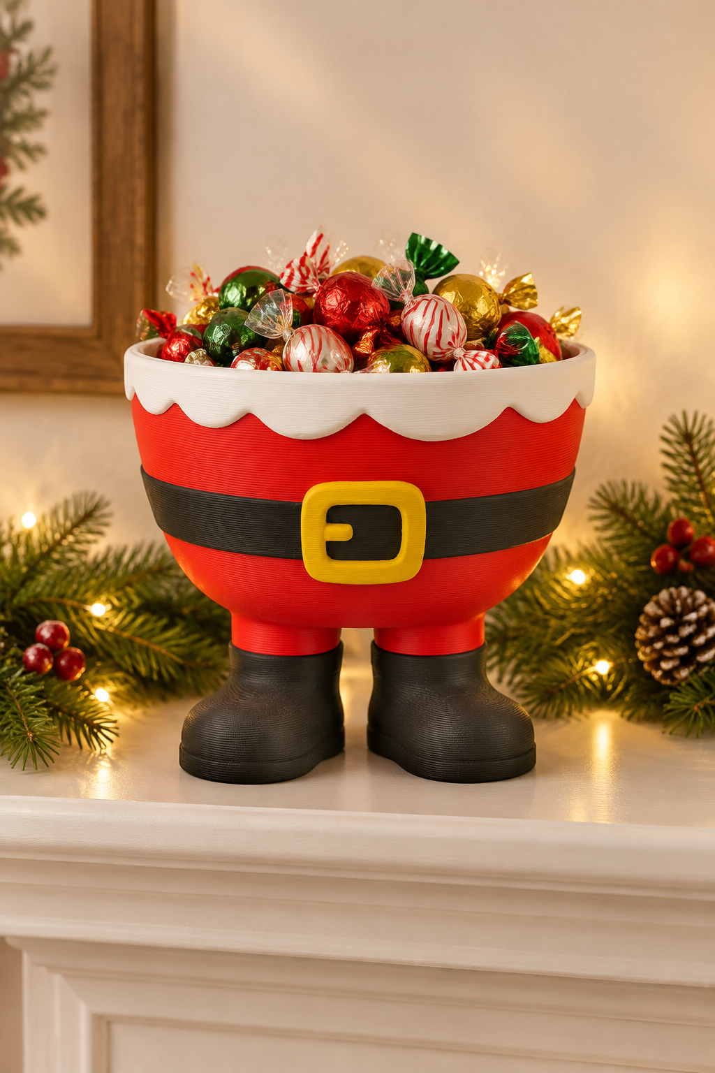 Santa legs sweet bowl on a Christmas mantel with evergreen and wrapped sweets