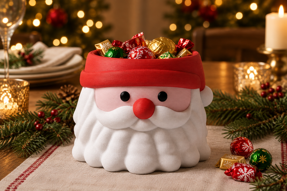 Santa Head sweet bowl as a festive dining-table centrepiece with wrapped sweets