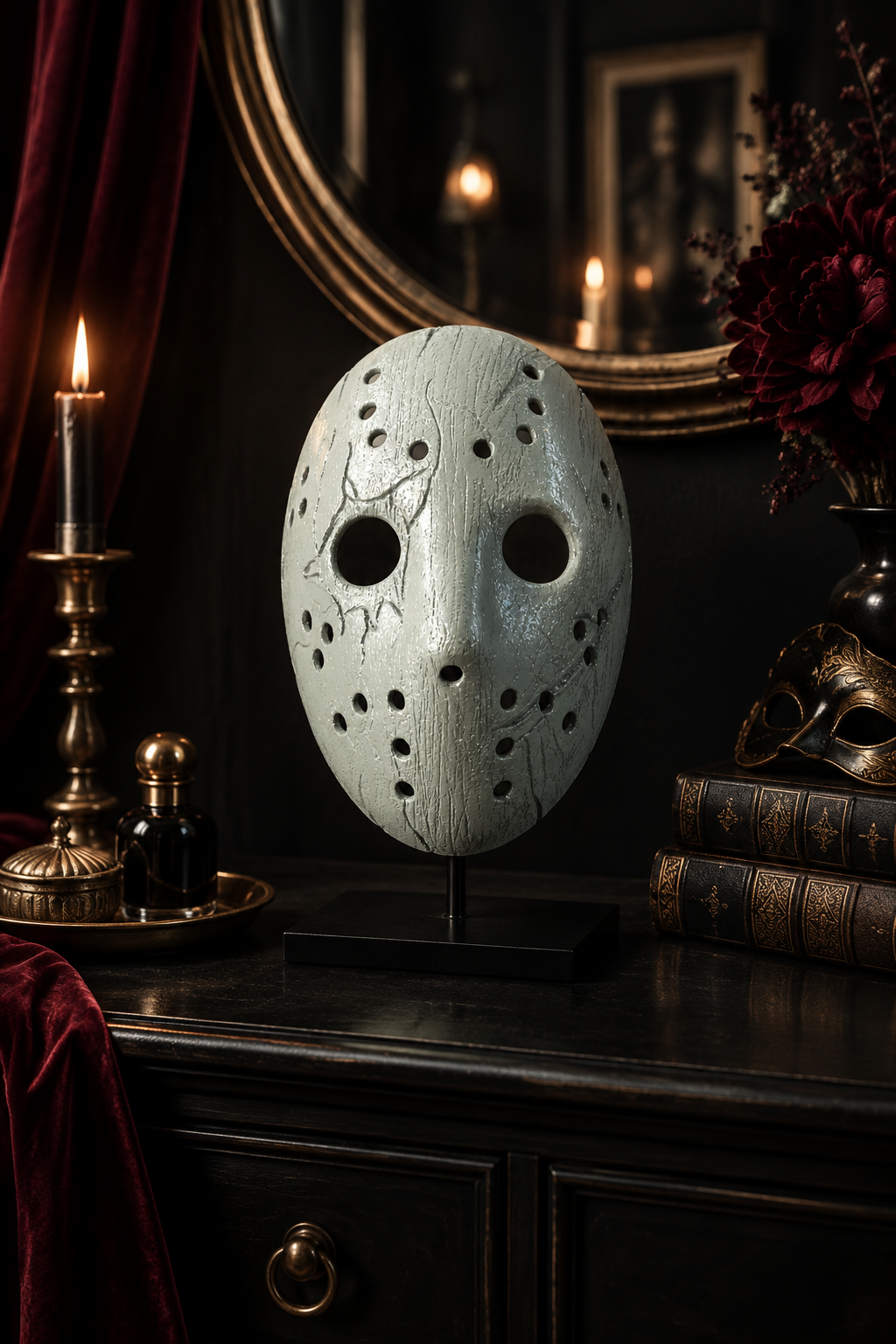 Pale weathered Jason Mask on a black console beneath a round mirror