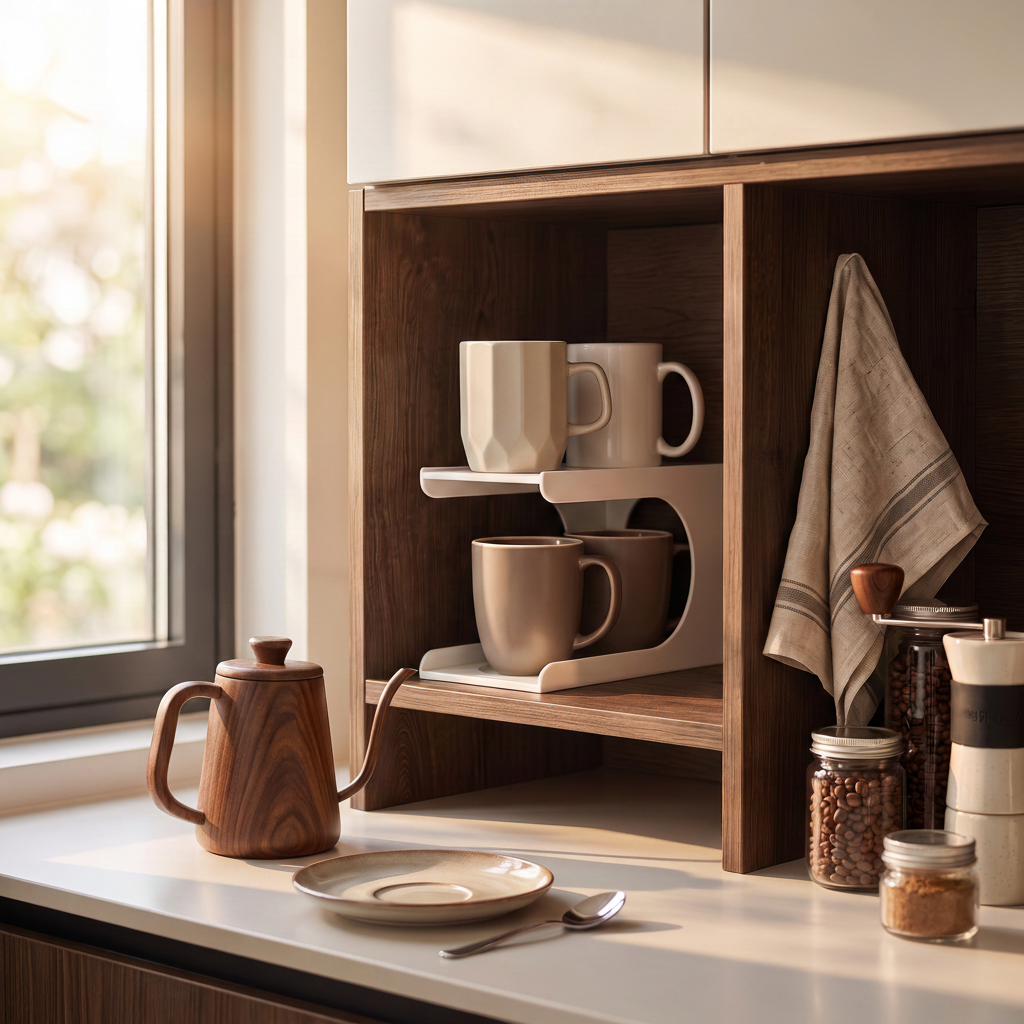 Cupstack on marble counter with mugs in morning sunlight