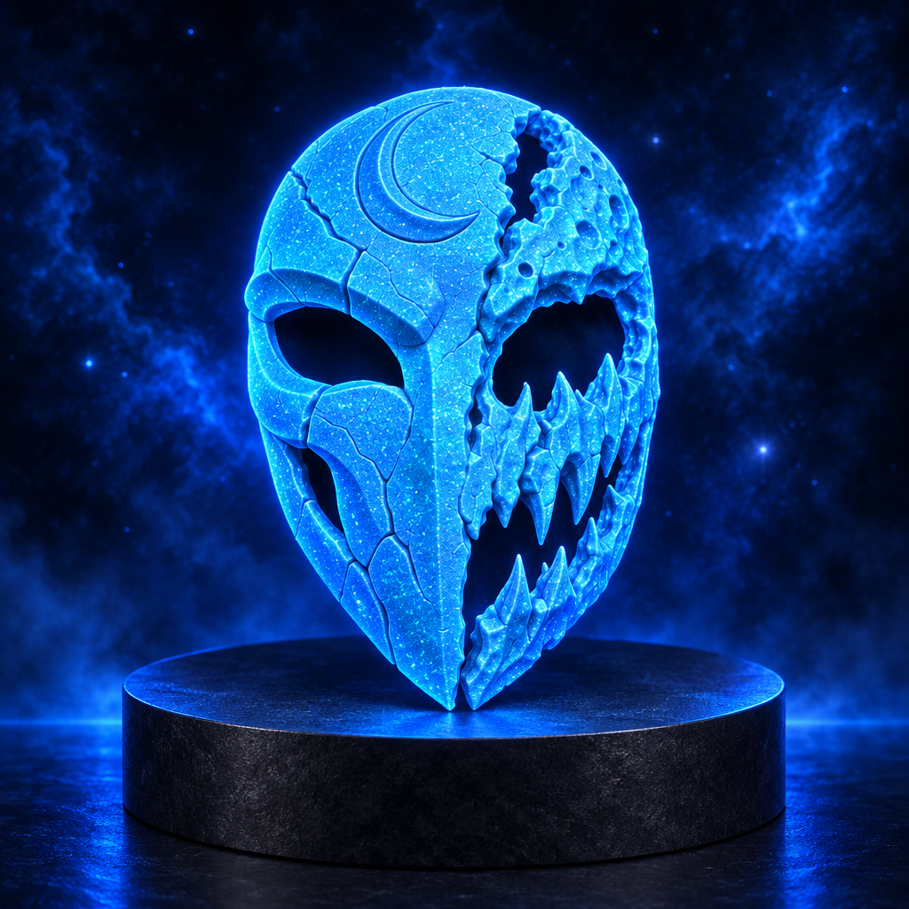 Neon Glitter Glow Blue Mooneater Mask on a dark plinth, strap not included.