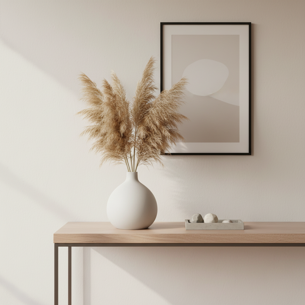 Minimalist geometric vase styled on a modern entryway console