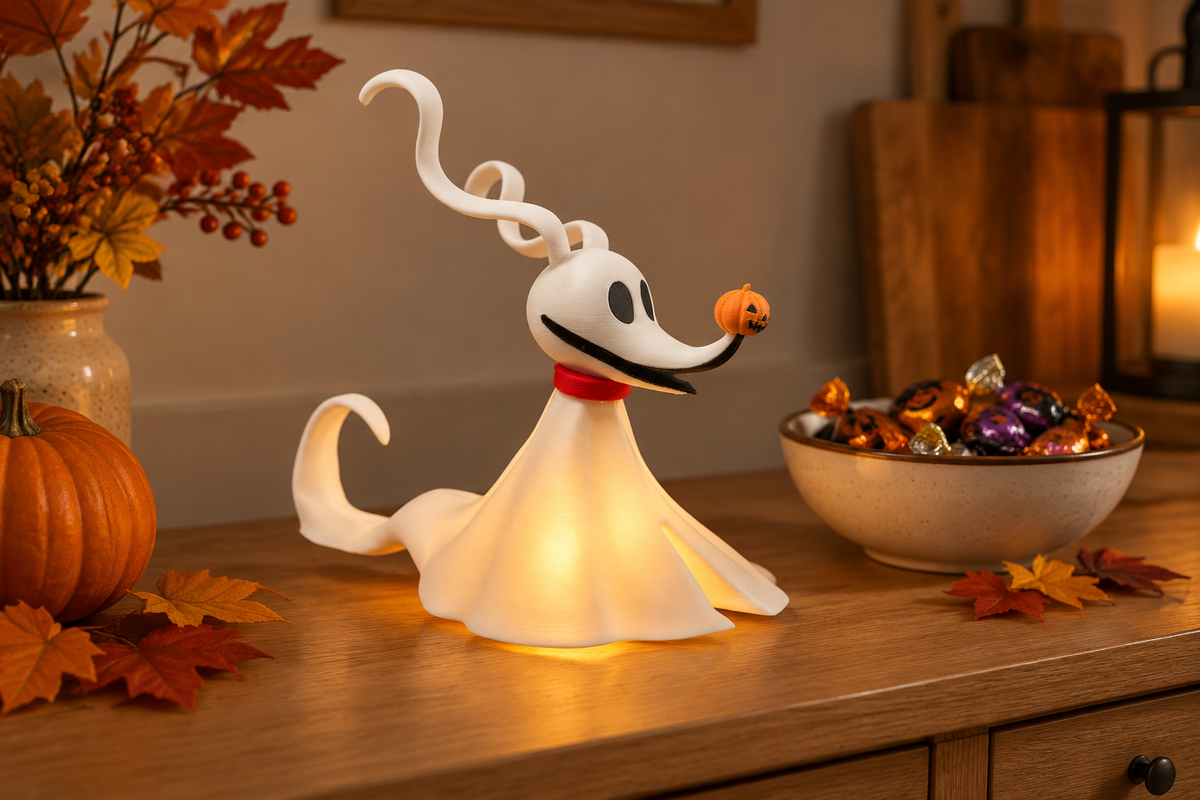 White ghost dog tealight holder glowing on an autumn kitchen sideboard with wrapped sweets