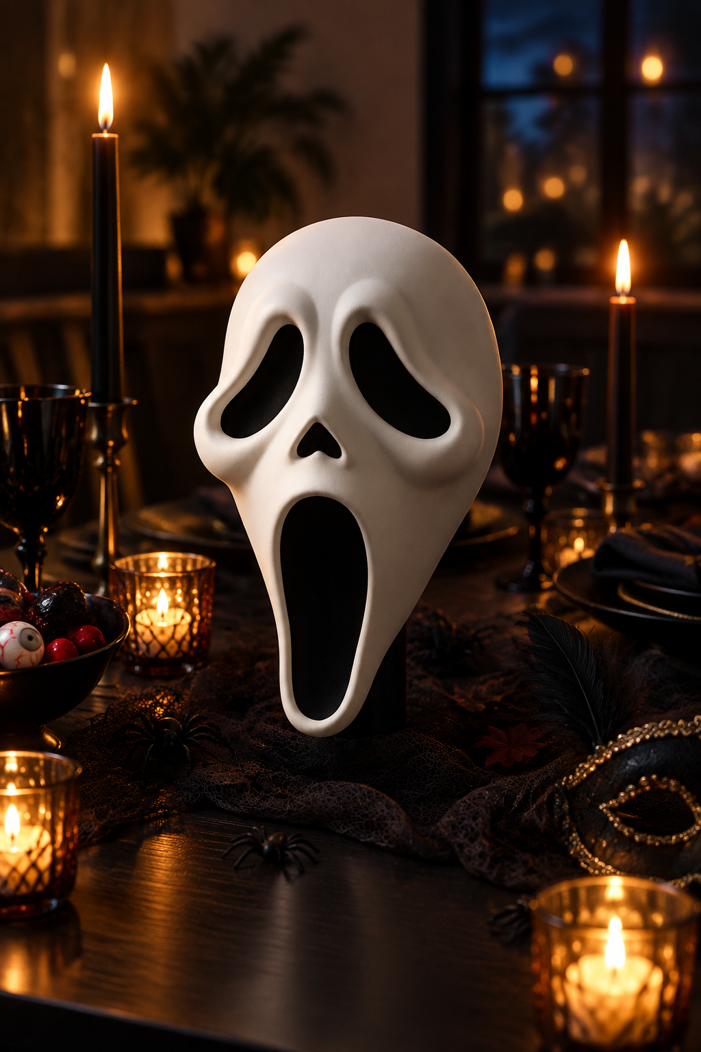 White Ghostface Mask displayed on a dark dining table
