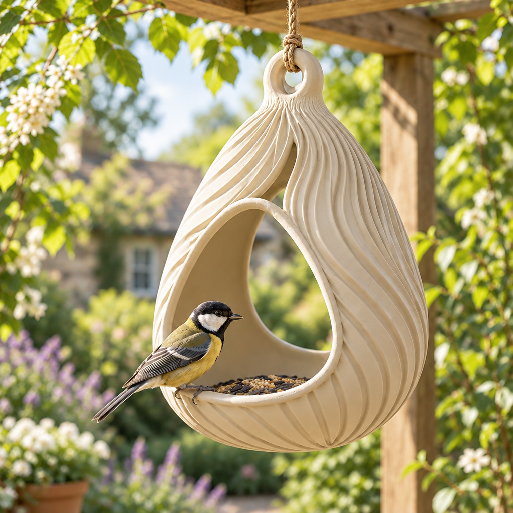 Sculpted ribbed bird feeder hanging under garden pergola