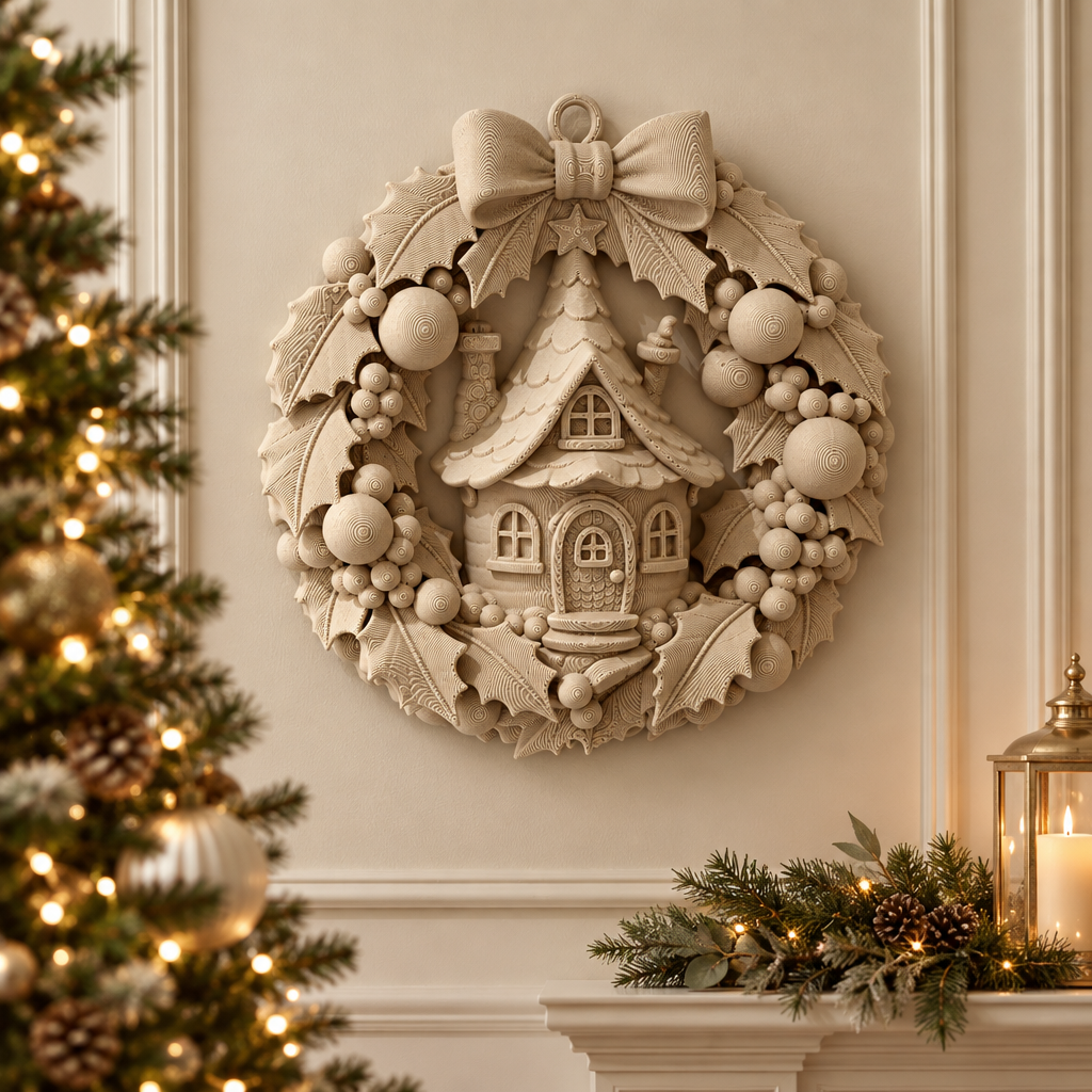 Warm beige Fairy Cottage Christmas Wreath displayed on a neutral living room wall