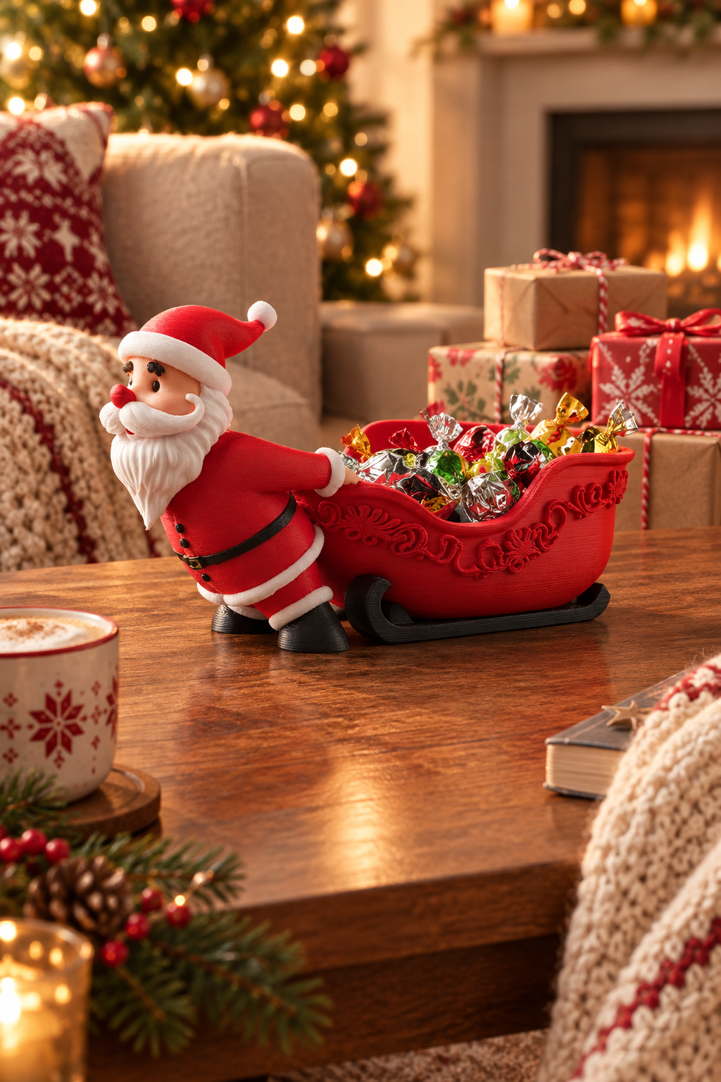 Santa pulling a red sleigh sweet bowl beside wrapped gifts and a soft festive throw