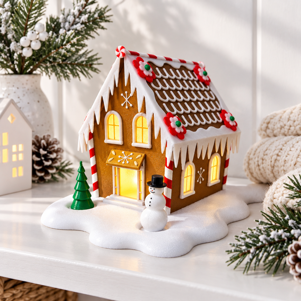 Snowy gingerbread cabin tealight holder styled on a bright shelf with seasonal greenery